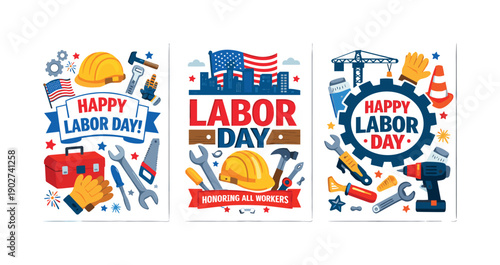Labor Day celebration flat icon set. Featuring hard hat, flags, tools, gears, cityscape, and gloves