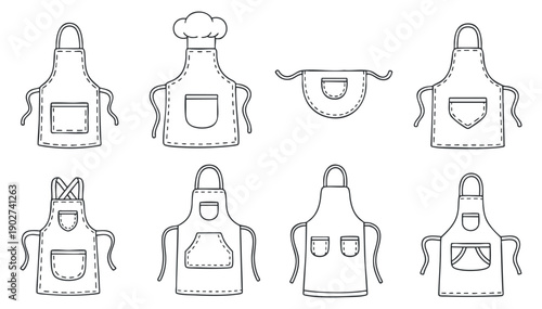 A collection of various apron designs including chef hats and pockets in minimalist outline vector style, ideal for culinary branding and cooking themes