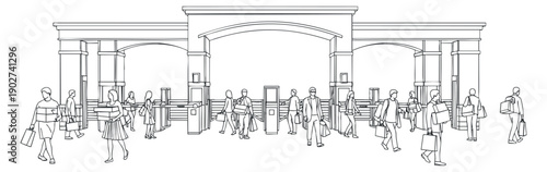 A busy shopping scene with people carrying bags in outline vector style, suitable for retail and commerce illustrations