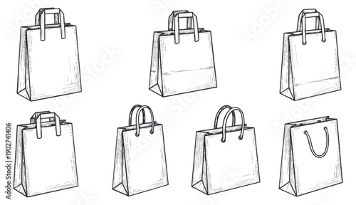 A collection of shopping bags in hand-drawn outline vector style, suitable for retail branding and packaging designs