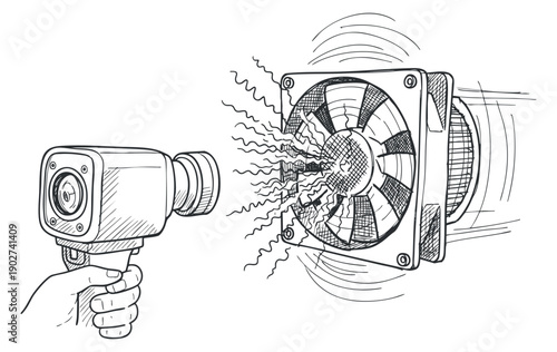 A hand holding a sound measurement device aimed at a fan in outline sketch vector style, suitable for engineering and technology applications