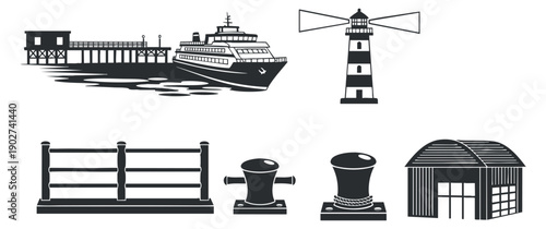 A collection of maritime elements including a pier, lighthouse, boat, and other nautical icons in black silhouette vector style, suitable for marine-themed designs