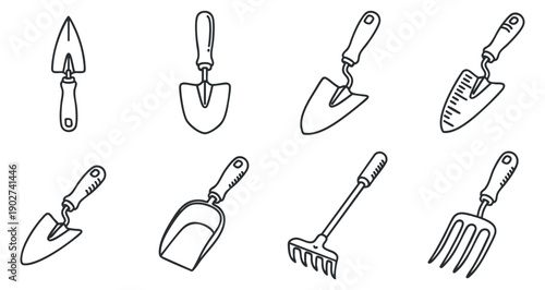 A collection of gardening tools including trowels, shovels, and rakes in minimal line art style, ideal for gardening and landscaping projects
