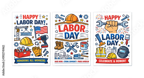 Labor Day celebration icon set. Featuring hard hat, wrench, tools, American flag, buildings, and fireworks