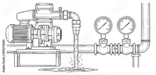 A detailed illustration of a water pump with gauges and piping in outline vector style, suitable for engineering and technical designs