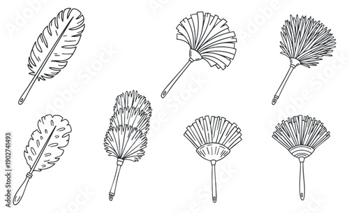 A collection of hand-drawn leaf and fan illustrations in black and white outline style, suitable for nature-themed design projects