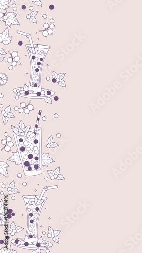 Blackcurrant Drink Outline Seamless Border. Line Art Background with Berry Cocktail, Lemonade, Ice Cubes and Mint Leaves. Vertical template with Empty Copy Space. Vector Illustration