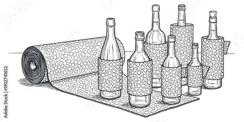 A collection of wine bottles on a rolled bubble wrap in black and white outline vector style, ideal for packaging design