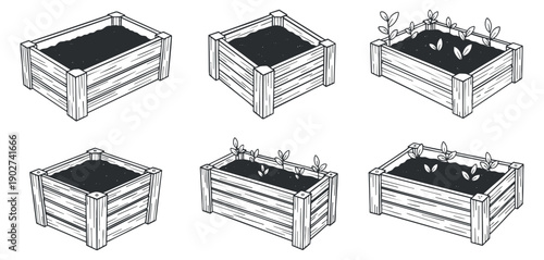 A collection of six raised garden beds in black and white outline style, ideal for gardening and landscaping projects
