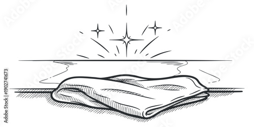A cleaning cloth with sparkles in a minimalist lineart vector style, perfect for cleaning product branding