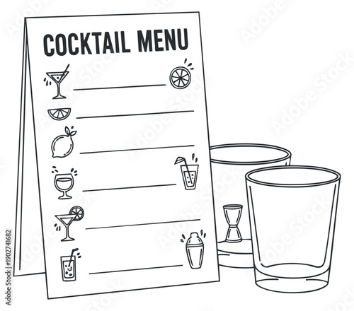 A cocktail menu illustration featuring drink icons and empty spaces in black and white outline vector style, ideal for bar or restaurant branding
