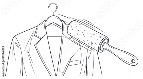 A suit jacket hanging on a hanger with a lint roller in outline minimalist vector style, ideal for fashion and grooming applications