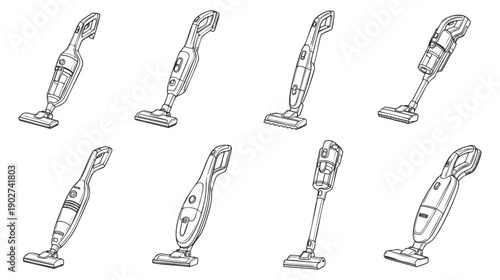 A collection of eight vacuum cleaners in outline minimalist vector style, ideal for home appliance branding and marketing