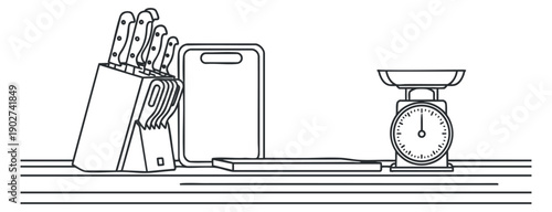 A set of kitchen knives, a cutting board, and a scale in minimalist black and white outline vector style, ideal for culinary design projects