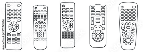 A set of five remote controls in minimalist outline vector style, suitable for electronics and technology design projects