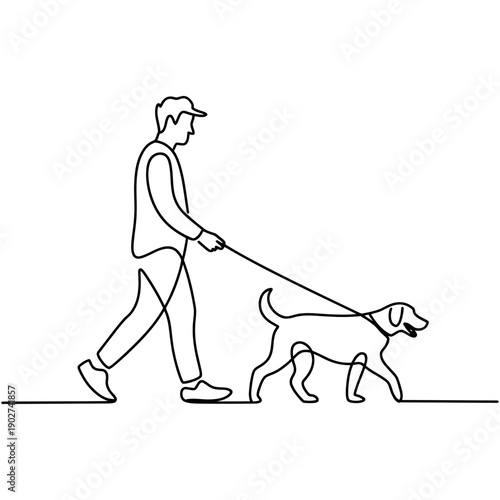 A man walking his dog on a leash in a simple line drawing style