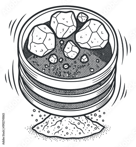 A set of geological sieves with rocks and gravel in black and white outline vector style, ideal for educational materials and mining industry.