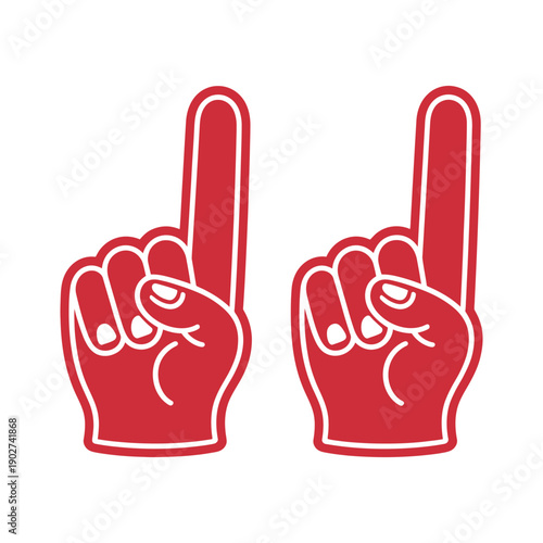 A pair of red foam fingers on a white background, symbolizing fun and celebration