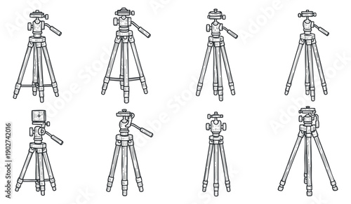 A collection of various camera tripods in black and white outline vector style, suitable for photography equipment illustrations