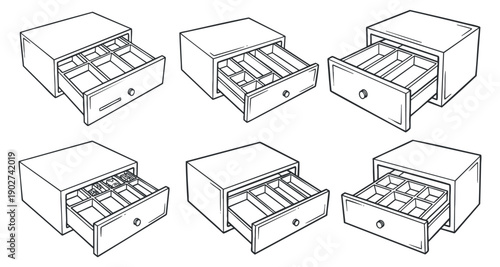 A collection of six outline illustrations of storage drawers in minimalist vector style, suitable for furniture design projects