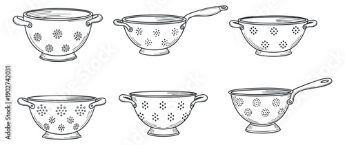 A collection of six colanders in black and white outline vector style, ideal for culinary and kitchen design projects