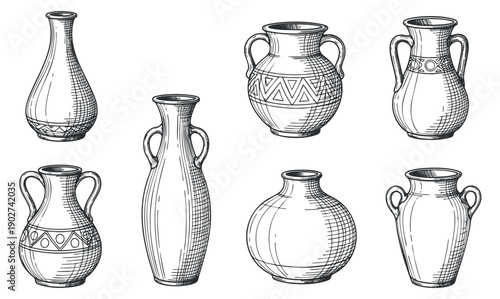A collection of various vases and pots in detailed black and white line art style, perfect for artistic design projects