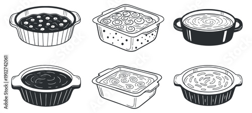 A set of six dessert dishes, including pies and cakes, in black and white minimalist vector style, ideal for culinary designs