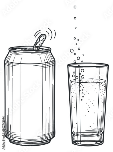 A can of soda next to a glass filled with fizzy drink in minimalist outline vector style, ideal for beverage branding and advertising