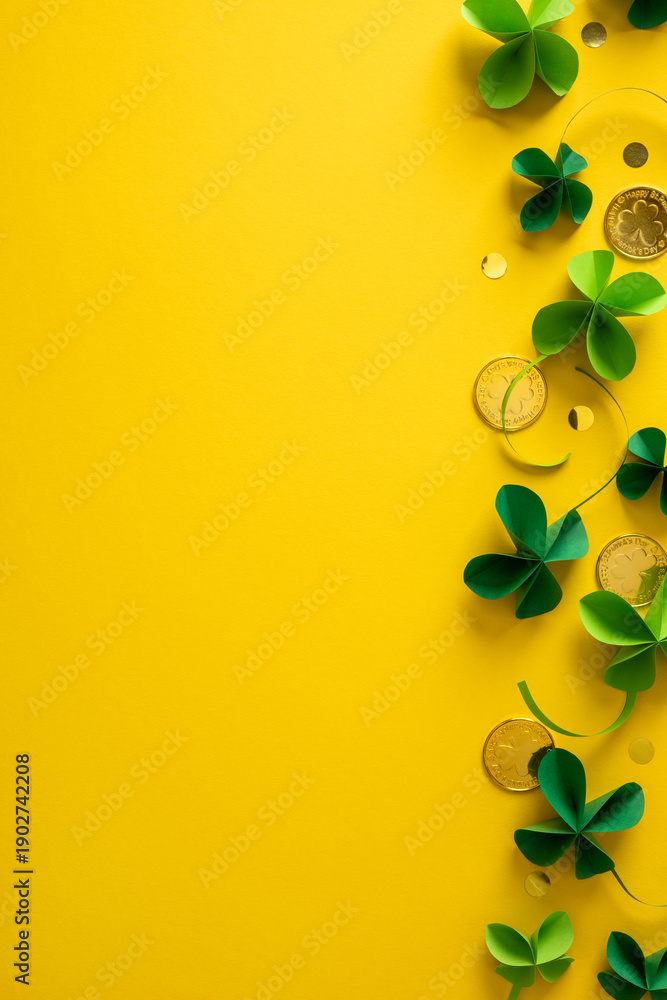 Naklejka premium Bright vertical yellow background with green shamrocks and gold coins evokes St Patrick's Day celebration and festive greeting, suggesting luck, color, and joy in springtime