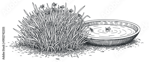 A detailed illustration of grass and a round pond with rippling water in black and white line art style, suitable for nature-themed projects