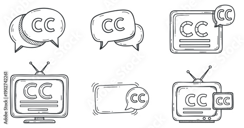 A collection of hand-drawn CC symbols and television icons in minimalist outline vector style, suitable for accessibility and media design
