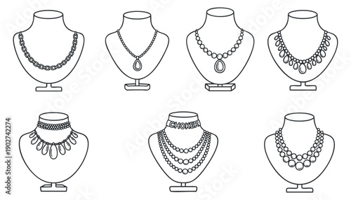 A collection of various necklaces and chokers displayed on busts in black and white line art vector style, ideal for jewelry branding and fashion design