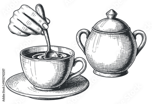 A vintage illustration of a hand stirring coffee in a cup with a teapot in detailed black and white sketch style, ideal for cafe branding