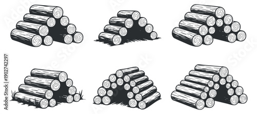 A collection of stacked logs in black and white vector style, ideal for forestry and outdoor themed designs