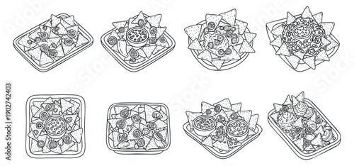 A collection of outlined snack platters featuring various appetizers in minimalist vector style, perfect for catering and restaurant menus