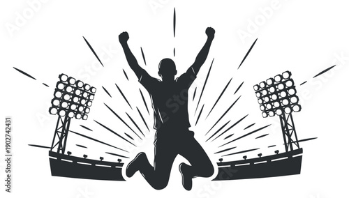 A silhouette of a victorious athlete celebrating with arms raised, surrounded by stadium lights in a dynamic vector style, ideal for sports-themed designs.