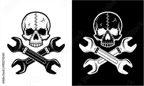 Skull and crossed wrenches, a symbol of mechanical expertise and danger.