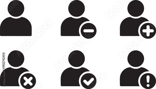 user avatar silhouettes with add minus plus check cross and alert