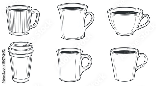 A collection of various coffee cups and mugs in outline vector style, ideal for beverage branding and cafe designs