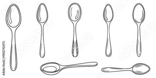 A collection of hand-drawn spoons in black and white outline vector style, perfect for kitchenware design and culinary illustrations