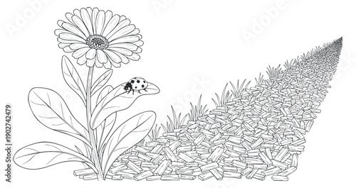 A large daisy flower with a ladybug on a path of wooden logs in black and white outline vector style, ideal for coloring books and nature illustrations