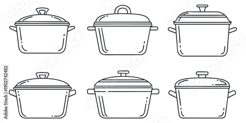 A collection of six cooking pots in black and white line art vector style, suitable for kitchenware branding and culinary designs