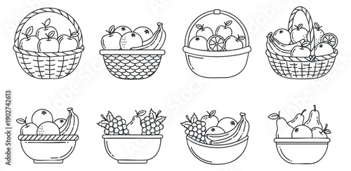 A collection of various fruit baskets including apples, bananas, oranges, and pears in outline vector style, suitable for food branding and packaging