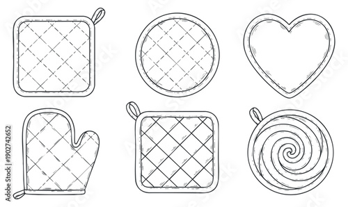 A collection of kitchen accessories including pot holders, an oven mitt, and a spiral design in minimalist outline style, perfect for culinary branding and home decor