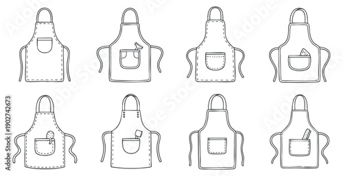 A collection of eight minimalist line art aprons with various pockets in a simple vector style, ideal for kitchen and culinary designs