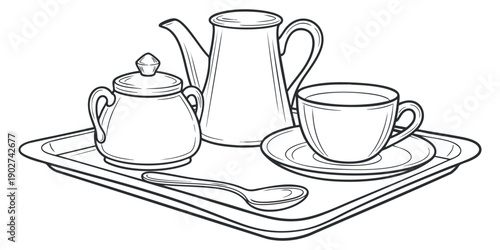 A teapot, cup, sugar bowl, and spoon arranged on a tray in clean outline vector style, suitable for cafe branding and menu design