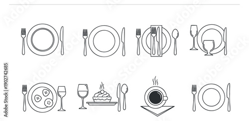A collection of dining icons featuring plates, cutlery, and drinks in minimalist outline vector style, perfect for restaurant menus and culinary projects