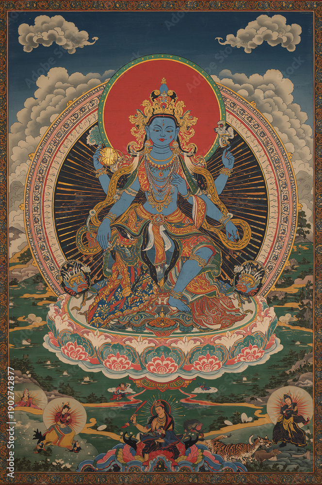 Obraz premium Traditional Golden Thangka Painting of Goddess Kali - Tibetan Art