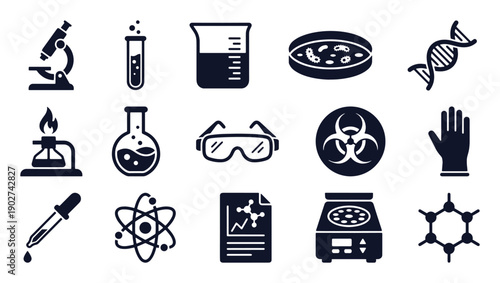 Laboratory and science icon set. Stick figure black silhouettes – microscope, test tube, DNA helix, petri dish, safety goggles, atomic model. Flat vector pictograms