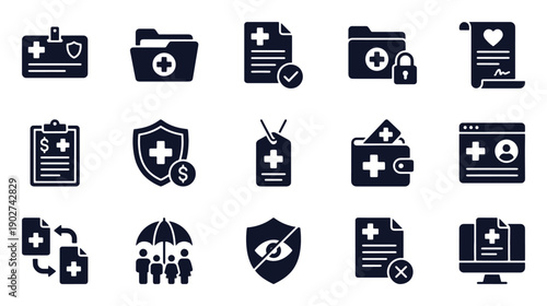 Medical insurance and records icon set. Glyph black silhouettes – ID card, policy folder, EMR system, privacy shield, denied form, family coverage. Flat vector pictograms